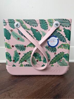 BOGG BAG Pink Tote with Green Tropical Leaf Print - Palm Print